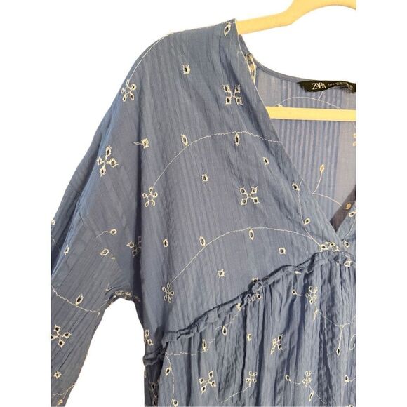 Zara Blue & White Short Embroidered Floral Tunic Flowy Dress Size S - Picture 10 of 13
